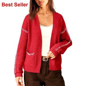 Oversized Cable Knit Cardigan Sweater, Chunky Open Front, Pockets